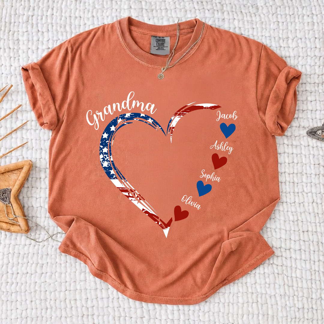 Comfort Colors Personalized Grandma Heart Shirt with Grandkids Names - Custom American Flag Heart Tee - Gift for Nana, Mimi, Gigi
