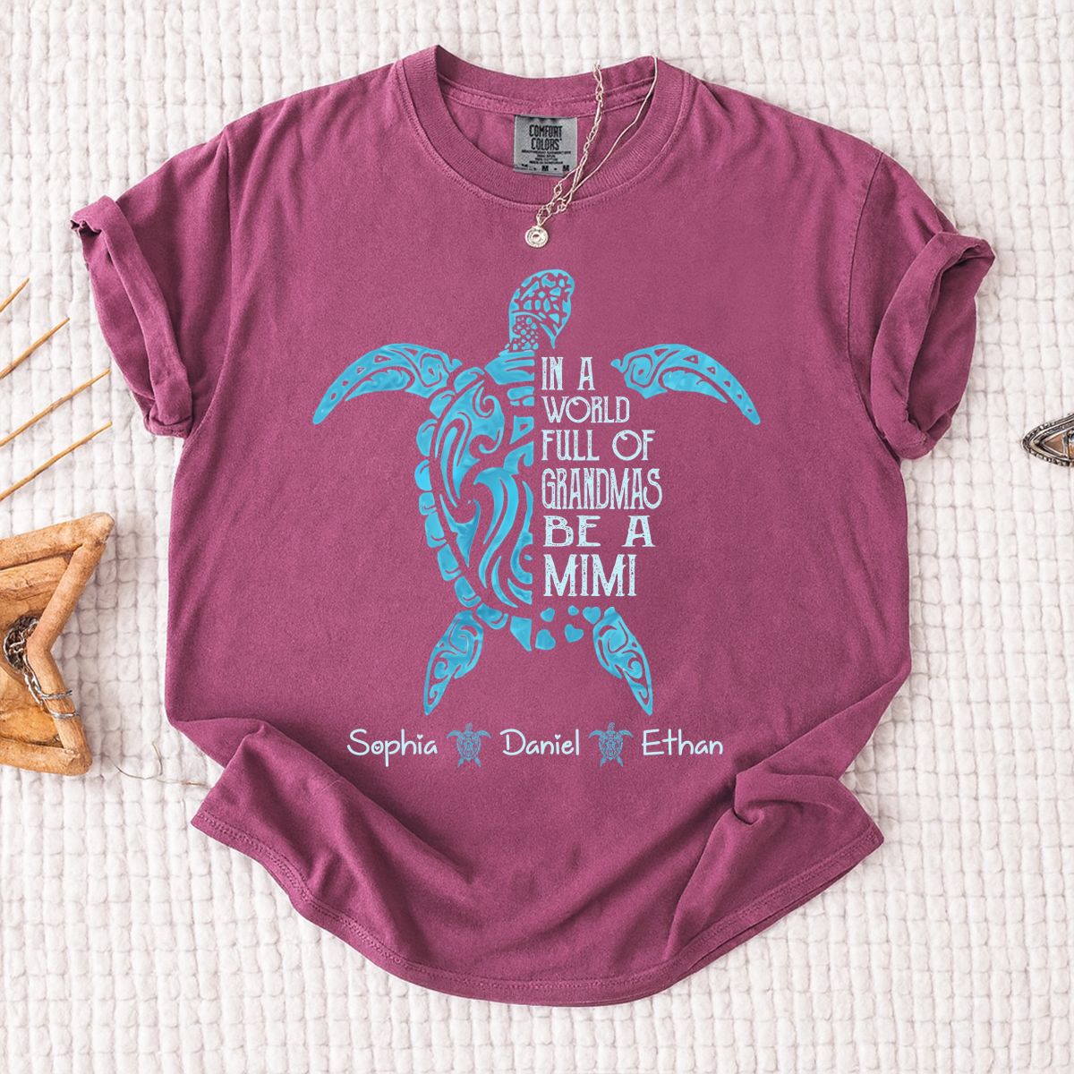 Comfort Colors In A World Full Of Grandmas Be A Mimi Shirt – Personalized Sea Turtle Graphic Tee, Custom Kids Names Gift for Mimi