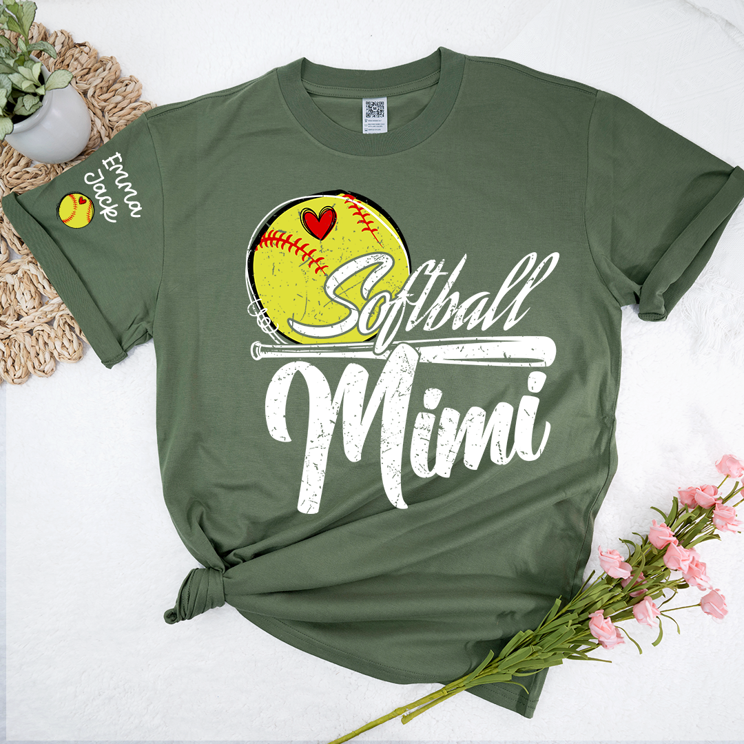 Personalized Mimi Softball Shirt, Heart and Bat Design with Custom Grandkids Names