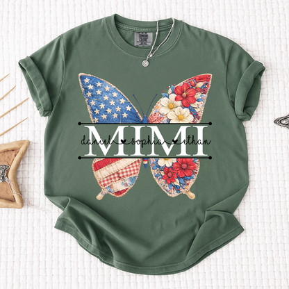 Comfort Personalized Mimi Shirt with Grandkids Names, American Flag and Flower Butterfly Design