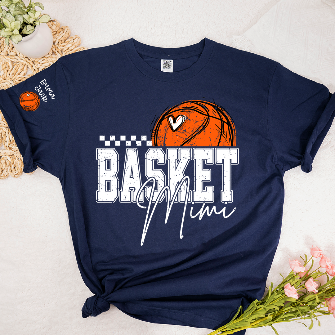 Custom Basketball Mimi Shirt, Personalized Family Tee with Grandchildren Names and Basketball Graphic