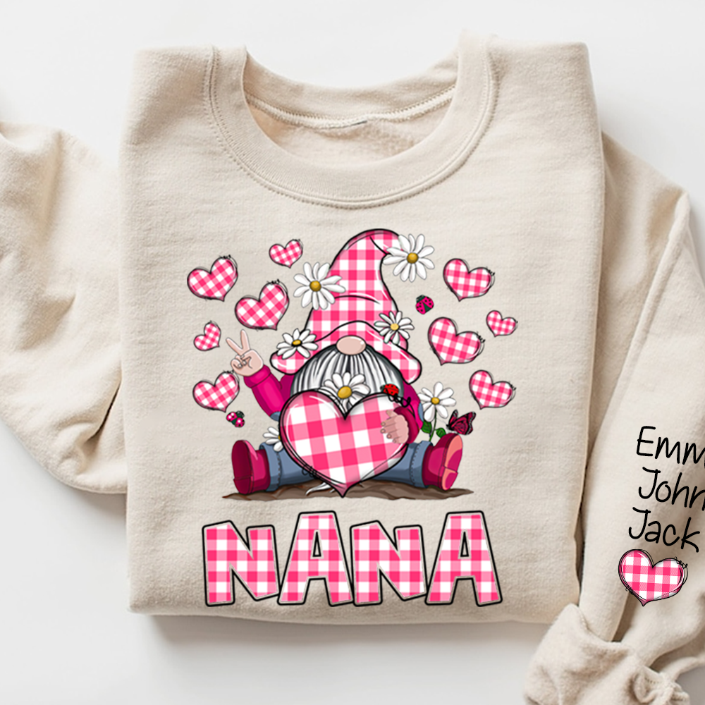 Pink Checkered Valentine's Day sweatshirt For Nana, Cute Gnome Dwarf Heart Design, Family love, Gift for Grandma