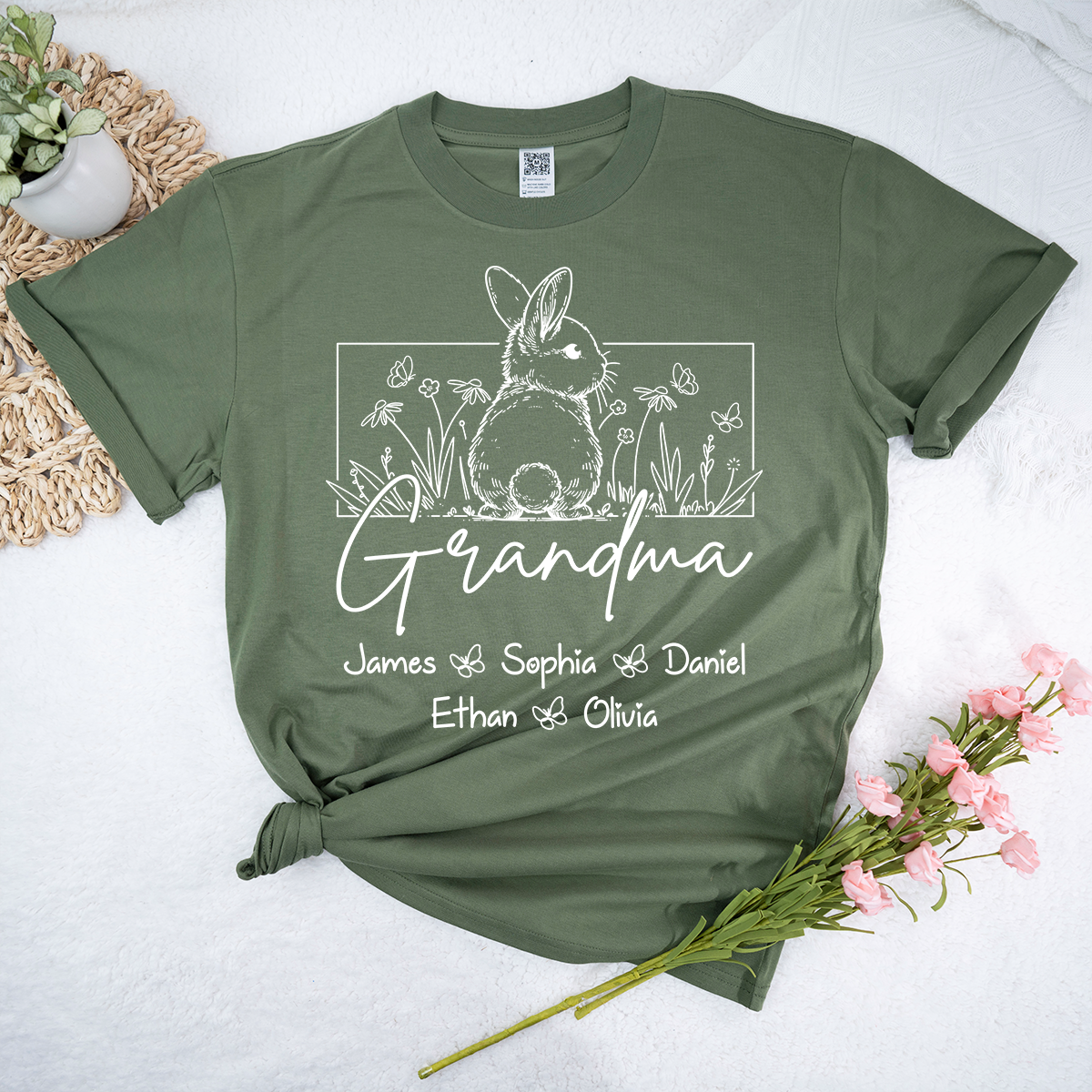 Personalized Grandma Bunny Shirt With Grandkids Names, Custom Easter Grandma Line Art T Shirt