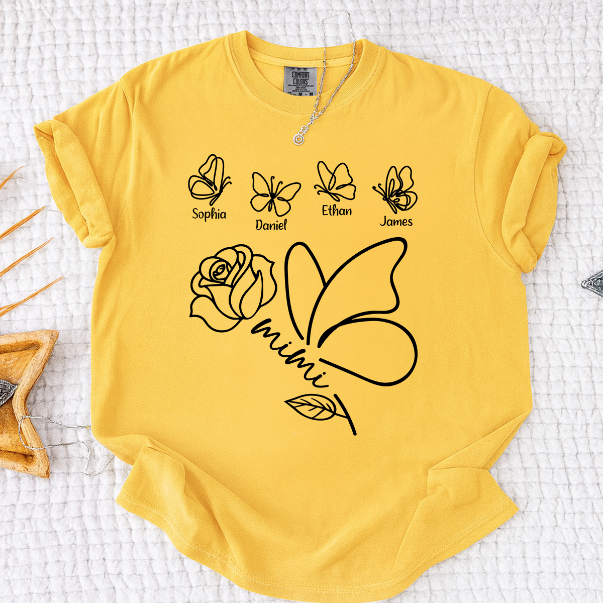 Comfort Colors Custom Mimi Shirt, Butterfly and Rose Graphic, Personalized with Kids Names, Family Gift