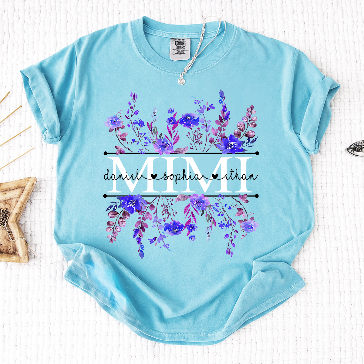 Comfort Colors Personalized Mimi Shirt with Purple Wildflower Design – Custom Grandma Gift with Grandkids Names