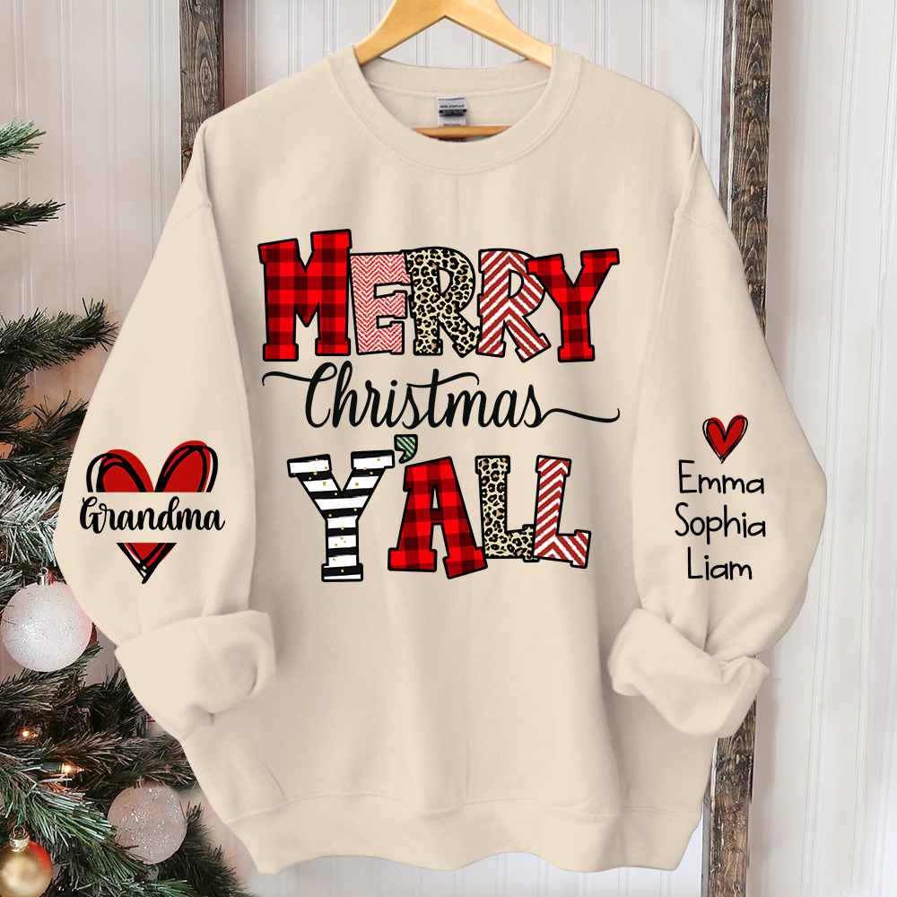 Merry Christmas Y'all Leopard Plaid, Custom Grandma And Kids TH Sweatshirt