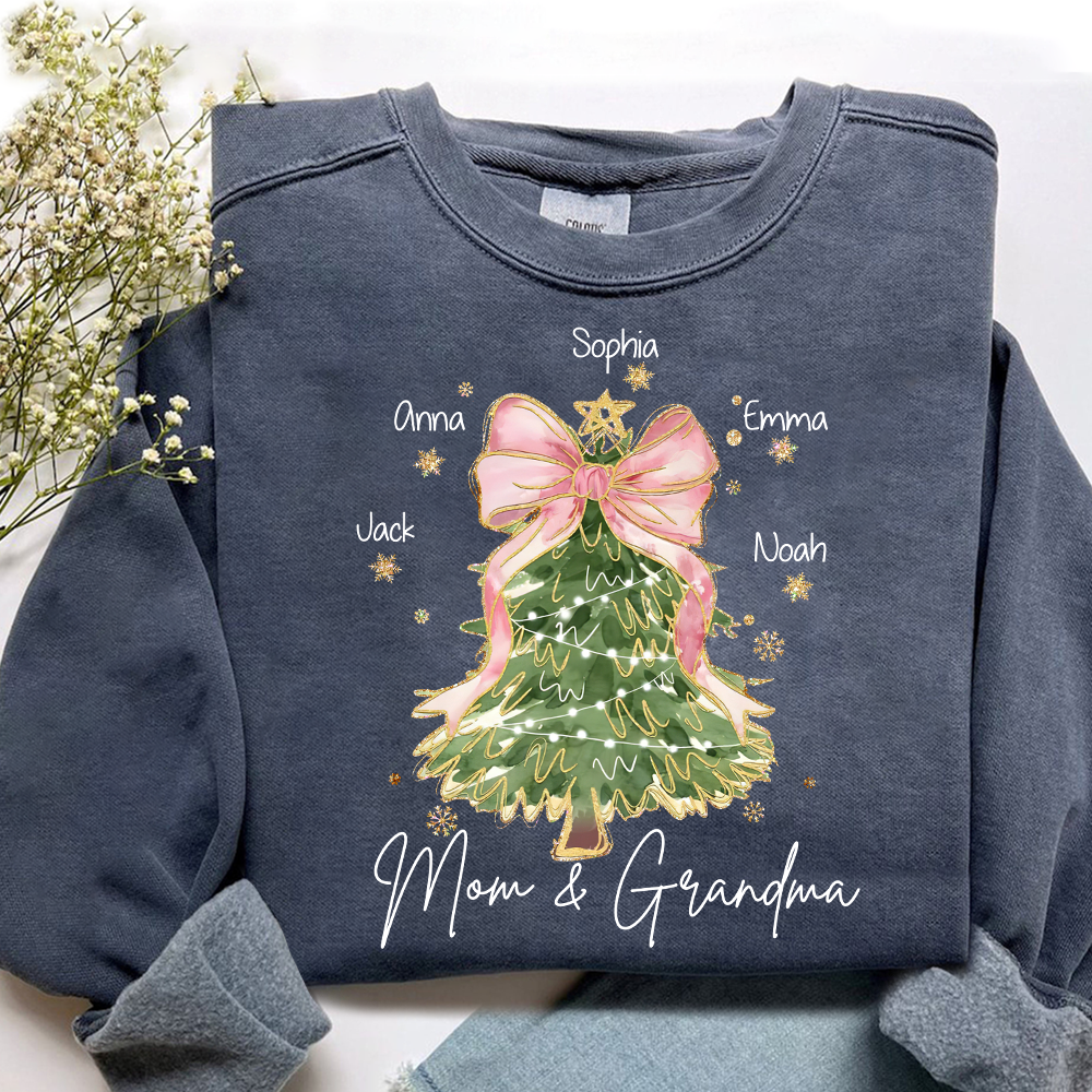 Personalized Mom and Grandma Christmas Sweatshirt, Custom Tree Design with Kids Names