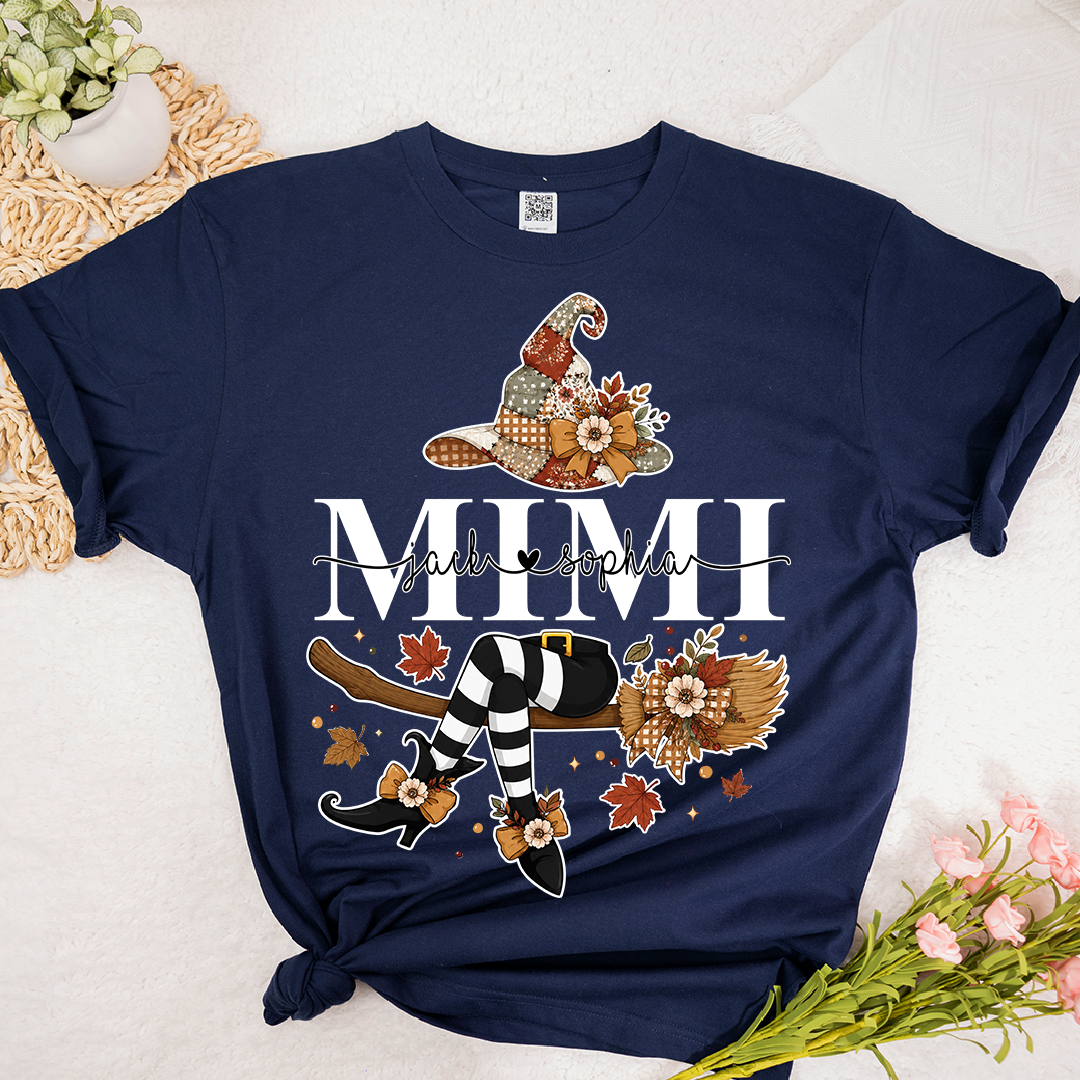 Personalized Mimi Witch Halloween Shirt, Fall Pumpkin Grandma Tee, Custom Grandkids Names T Shirt, Cute Autumn Gift for Mimi