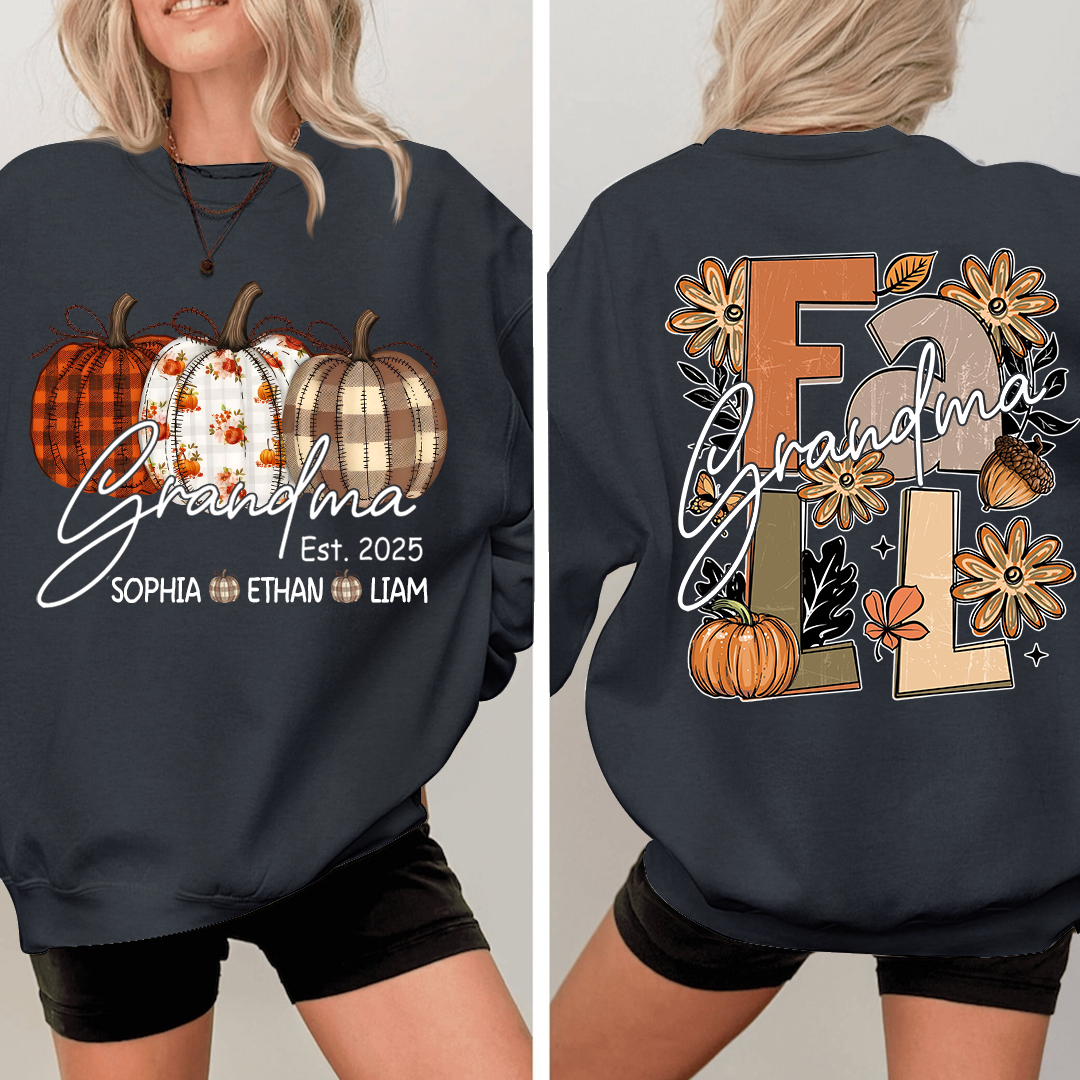 Grandma Autumn Sweatshirt, Pumpkin Floral Shirt with Custom Grandkids Names