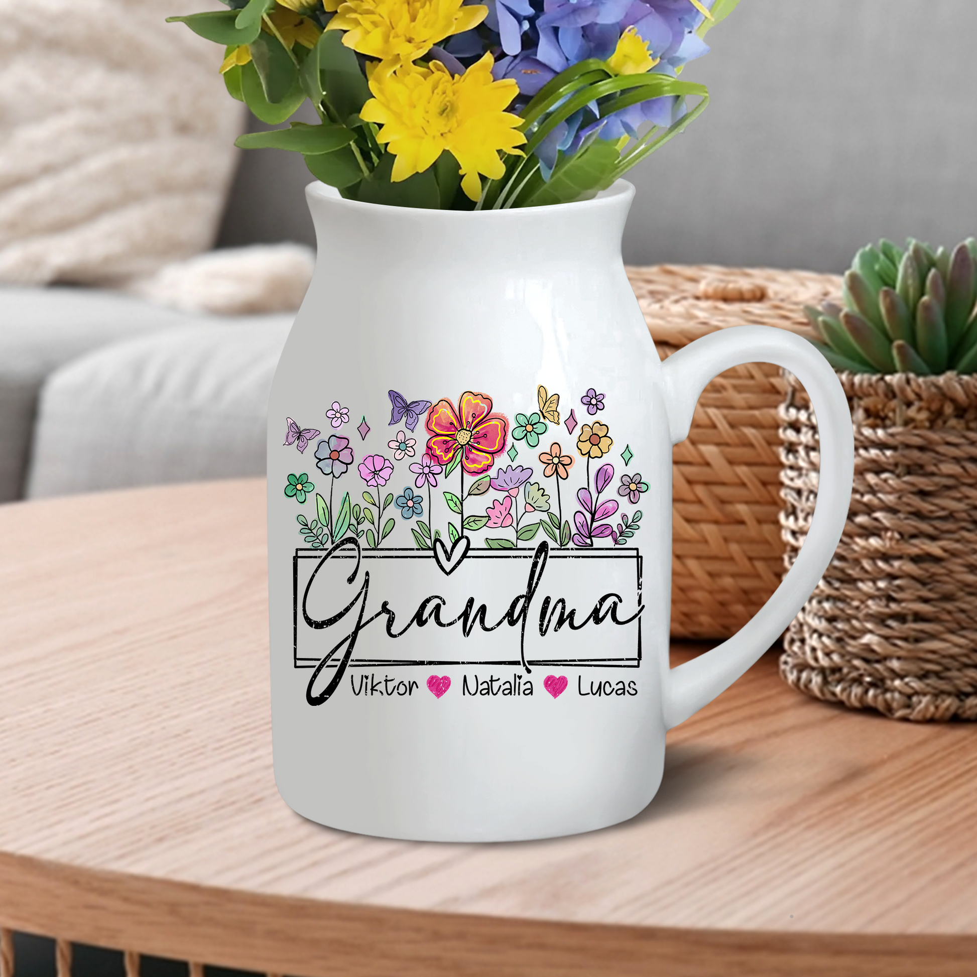 Wildflower Grandma And Kids - Custom Home Decoration Flower Vase According To Family Requirements - Warm Gift For Mother's Day, Ceramic Flower Vase