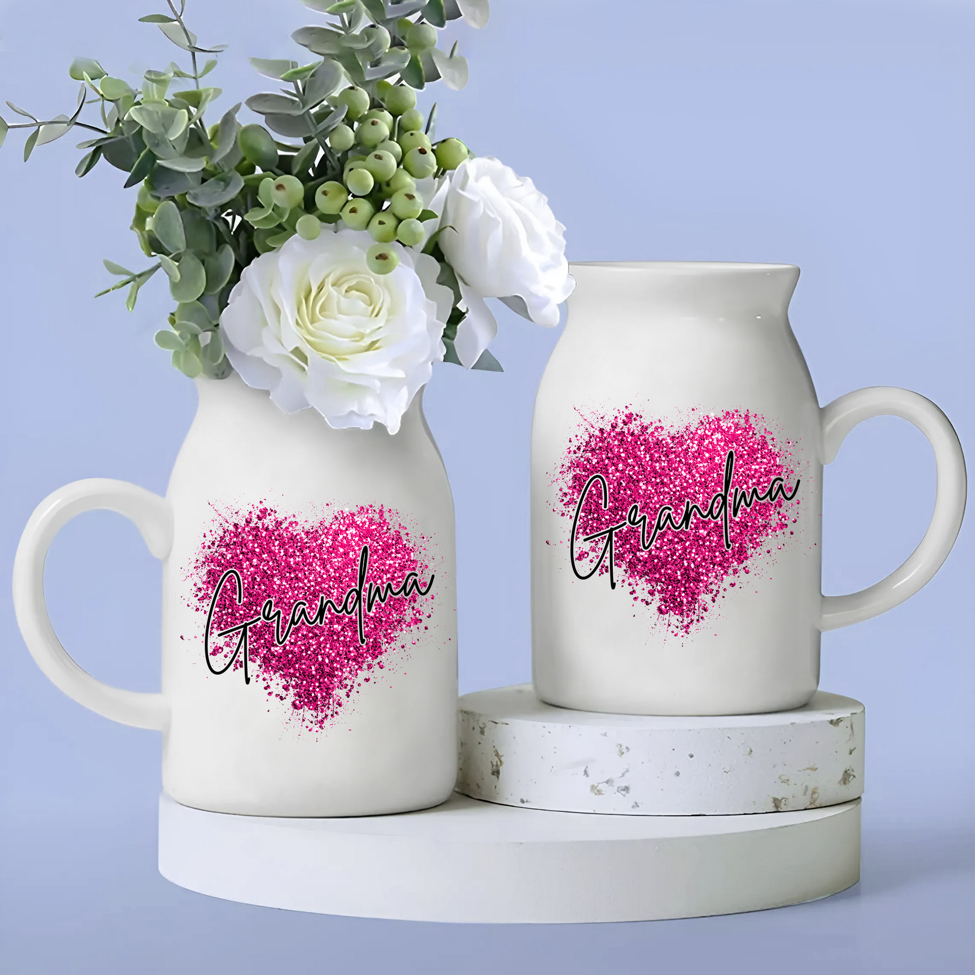 Heart Glitter Grandma And Kids - Custom Home Decoration Flower Vase According To Family Requirements - Warm Gift For Mother's Day, Ceramic Flower Vase
