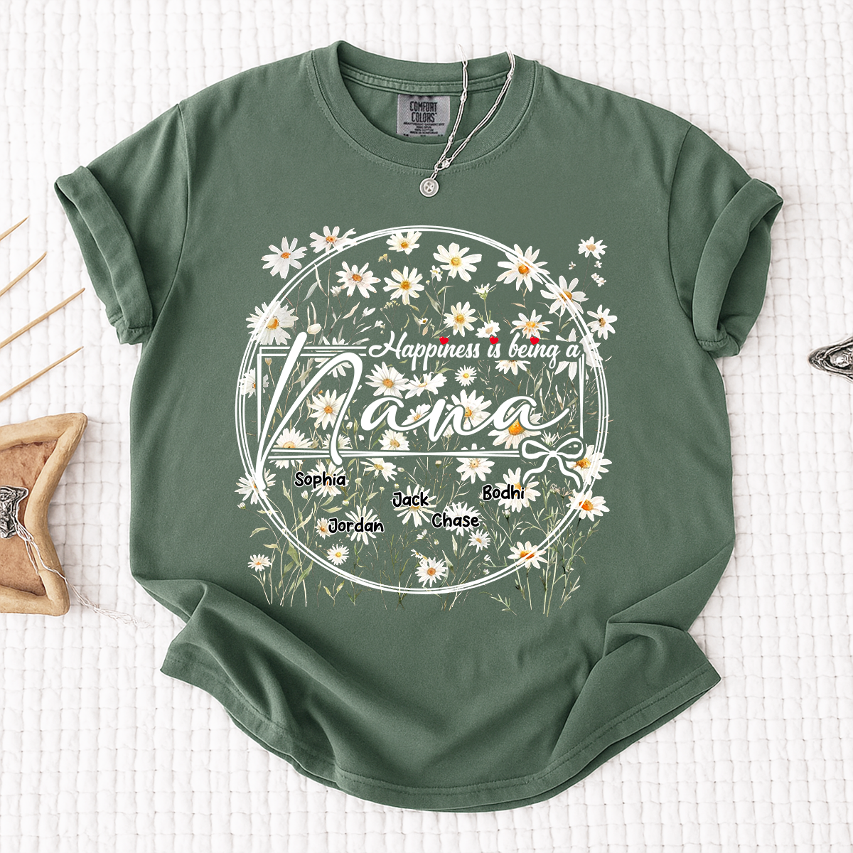 Comfort Colors® Personalized Nana Shirt with Kids' Names, Custom Floral Design, Happiness is Being a Nana
