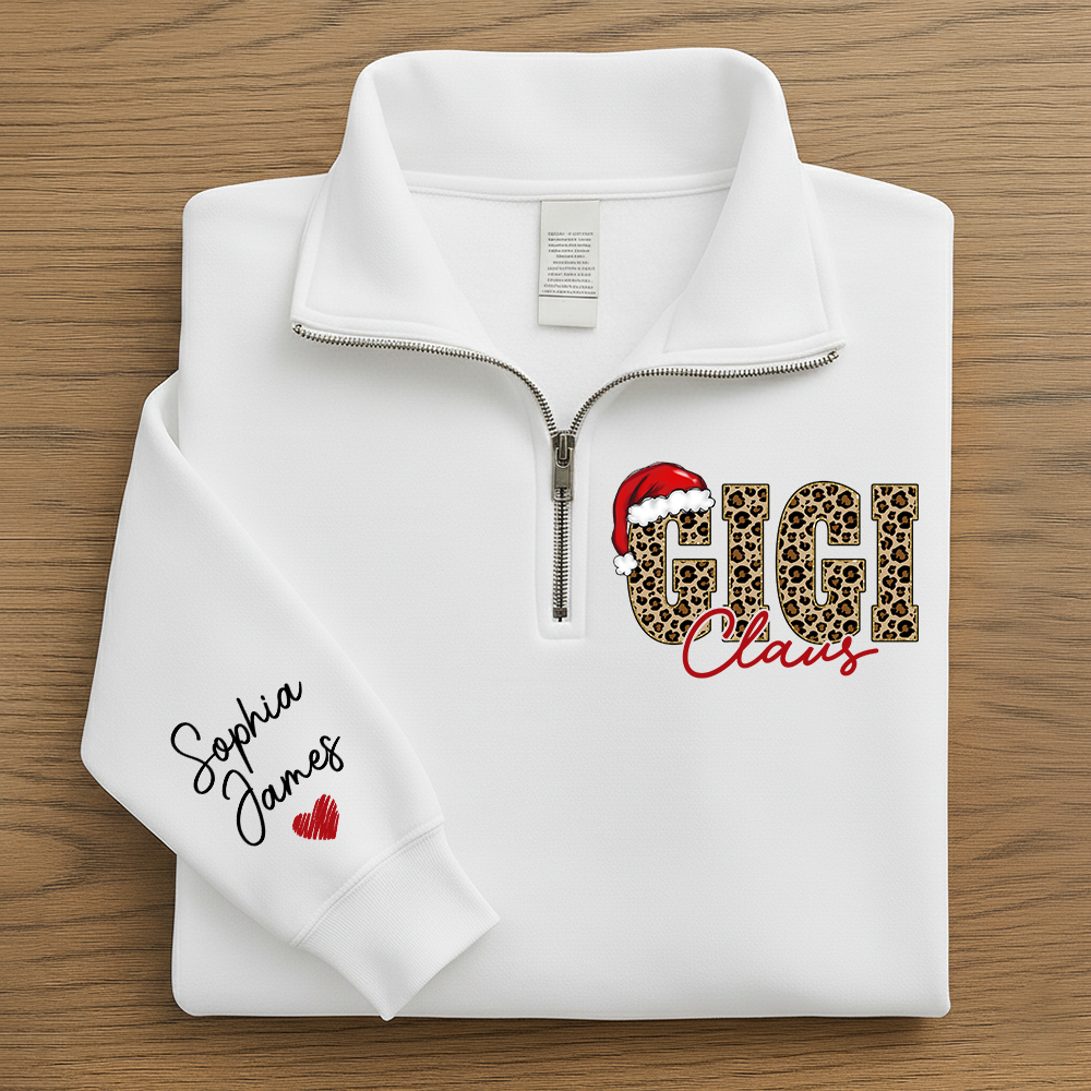 Gigi Claus Leopard Christmas Quarter Zip – Custom Name Sweatshirt Gift For Grandma