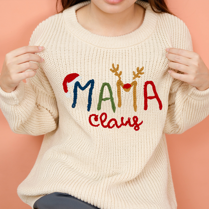 Custom Hand-Embroidered Christmas Knitted Sweater – Personalized Mama Claus Sweater with Festive Design