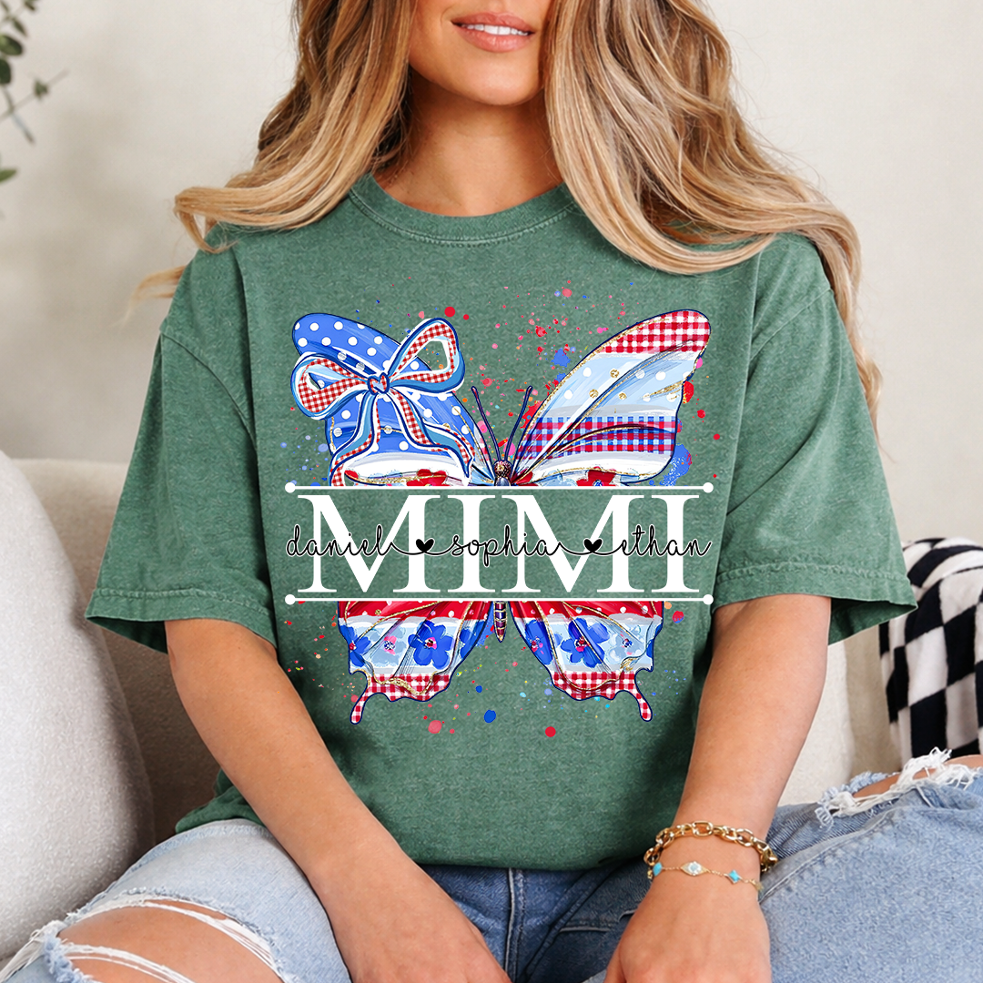 Custom Patriotic Butterfly Mimi T-Shirt, Personalized Grandma Shirt with Red White Blue USA Design