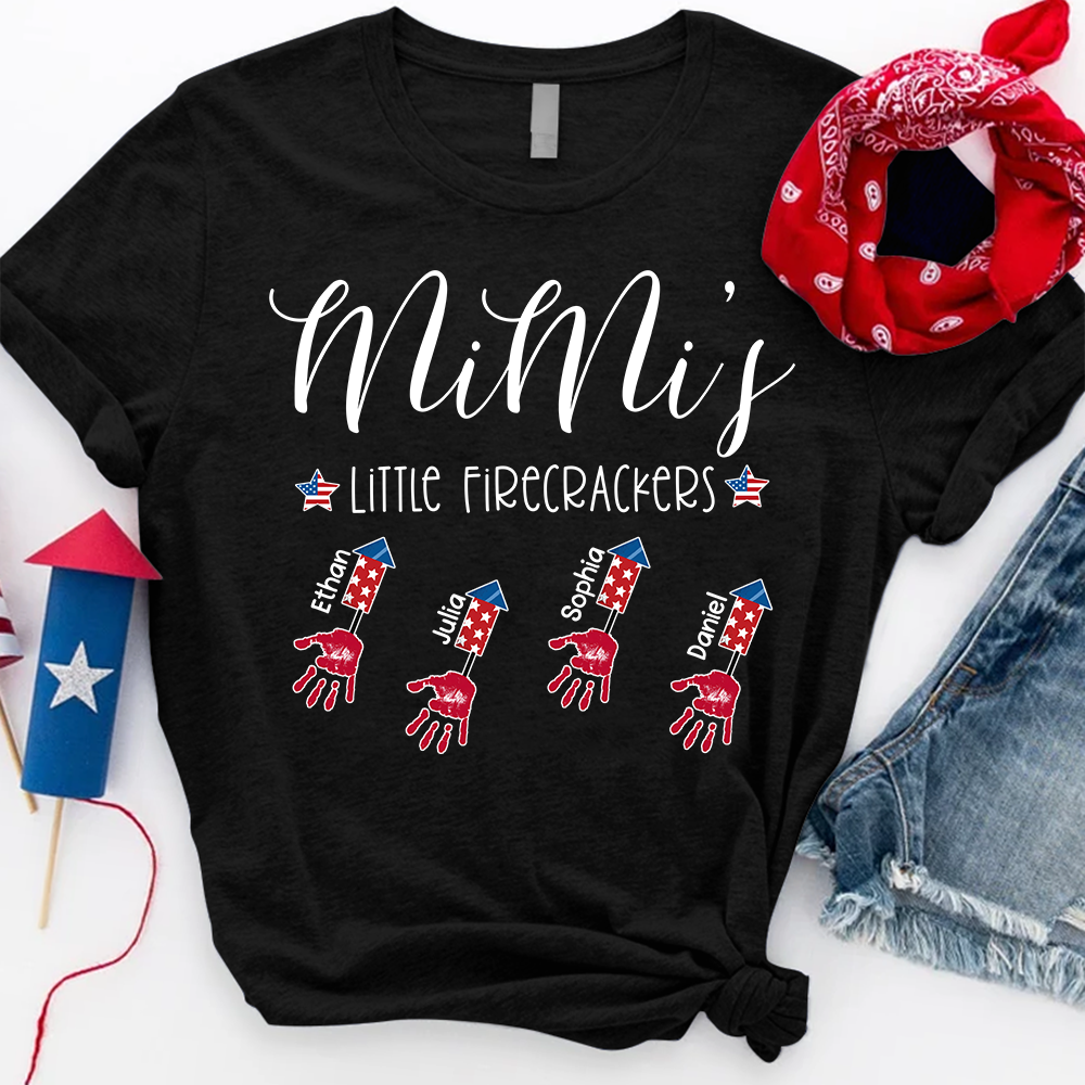 Personalized Mimi's Little Firecrackers T Shirt, Custom Grandchildren Names with Firework Handprint Design