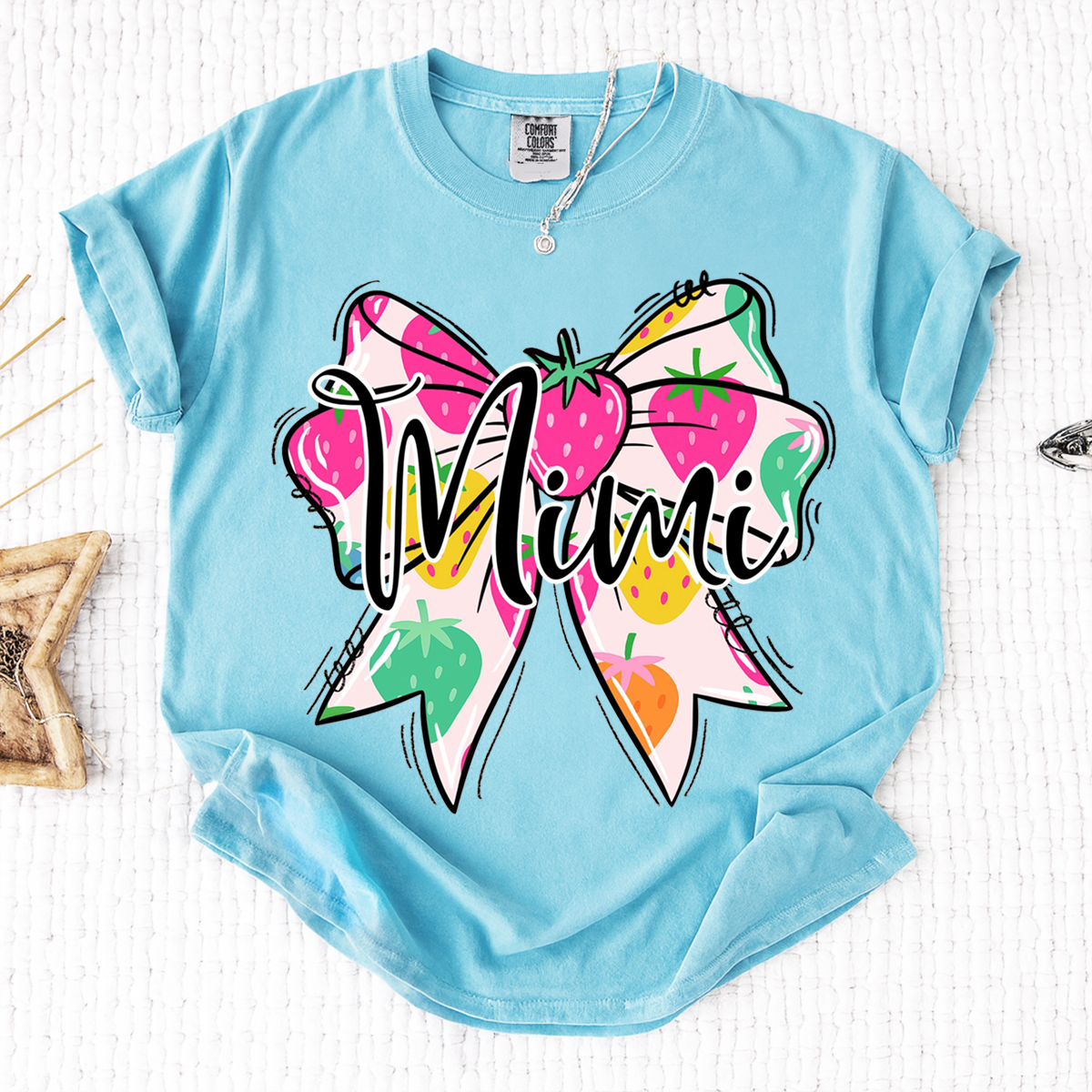 Comfort Colors® Mimi Strawberry Bow Shirt, Cute Grandma Bow Shirt for Women, Fruit Pattern Mimi Tee, Gift for Mimi And Kids