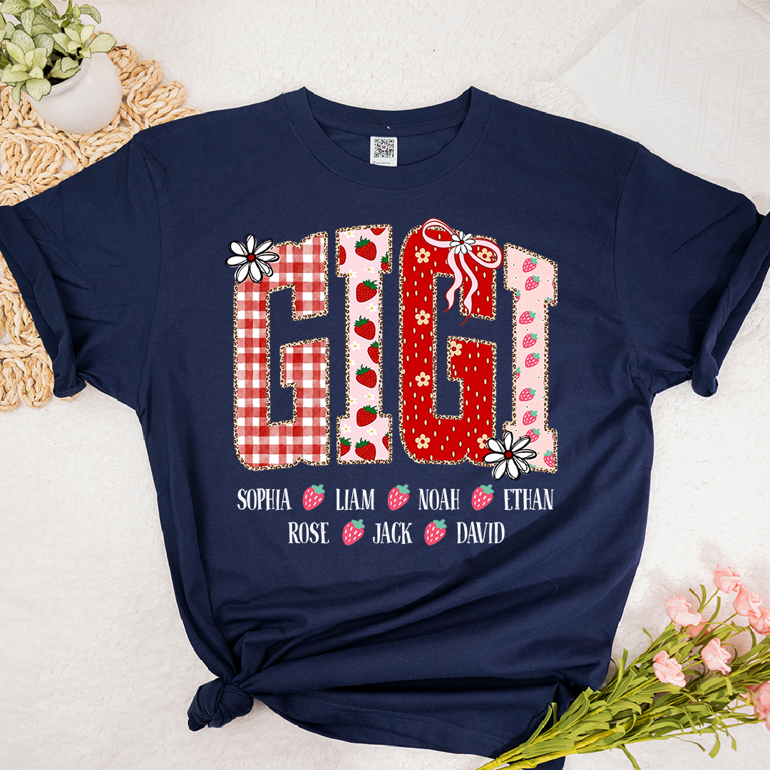 Gigi Personalized Grandma T-Shirt With Strawberry And Flower Motifs, Bearing Her Grandchildren's Names