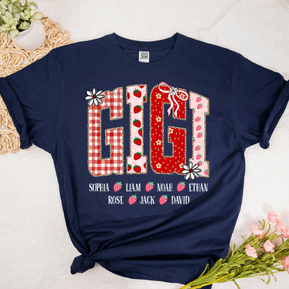 Gigi Personalized Grandma T-Shirt With Strawberry And Flower Motifs, Bearing Her Grandchildren's Names