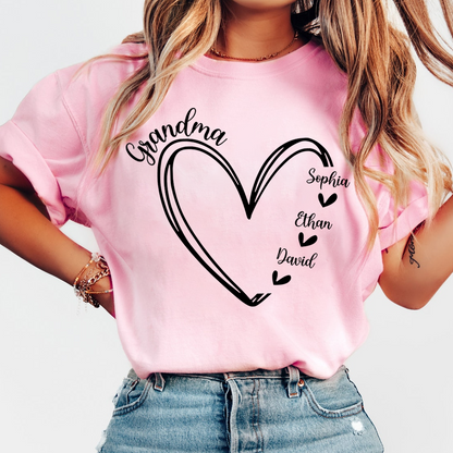 Personalized Grandma Heart Tshirt, Custom Nickname for Grandma and Kids