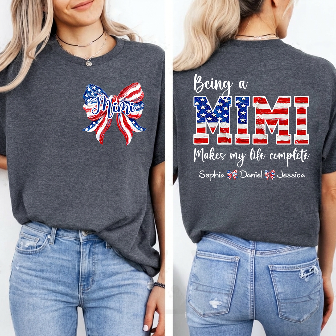 Personalized Mimi Patriotic Shirt, Being a Mimi Tee with Kids Names, American Flag Bow Graphic Gift