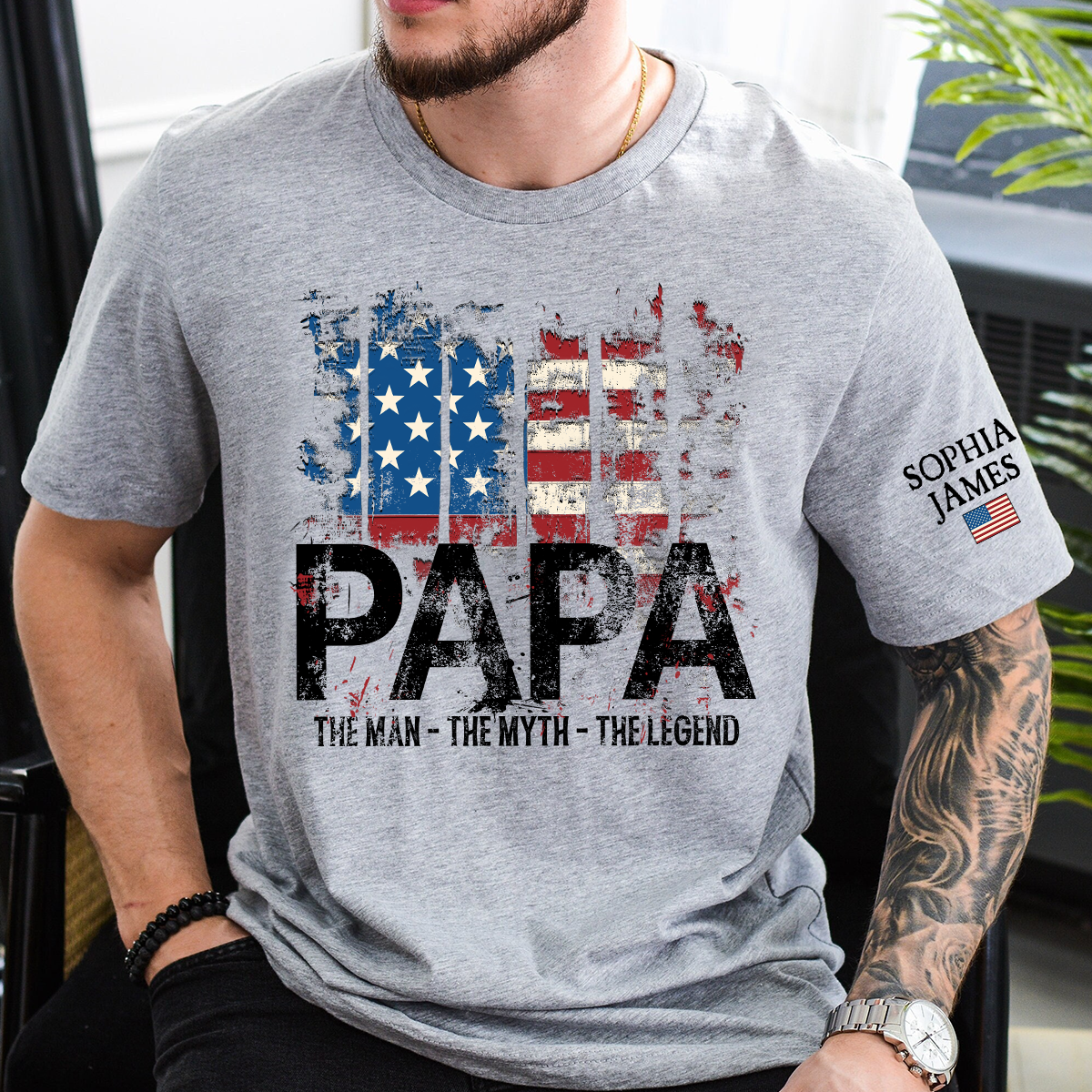 Custom Papa T-Shirt with USA Flag Graphic – Personalized Gift for Father Featuring Kids’ Names