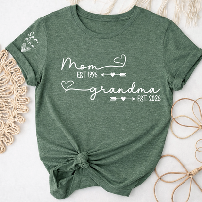 Personalized Mom and Grandma Shirt, Custom EST Year T-Shirt with Heart and Arrow Design for Mom and Grandma