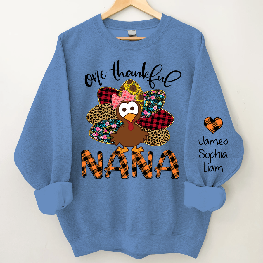 Personalized One Thankful Grandma Turkey Cute Sweatshirt, Custom Grandma and Grandkids Sweatshirt