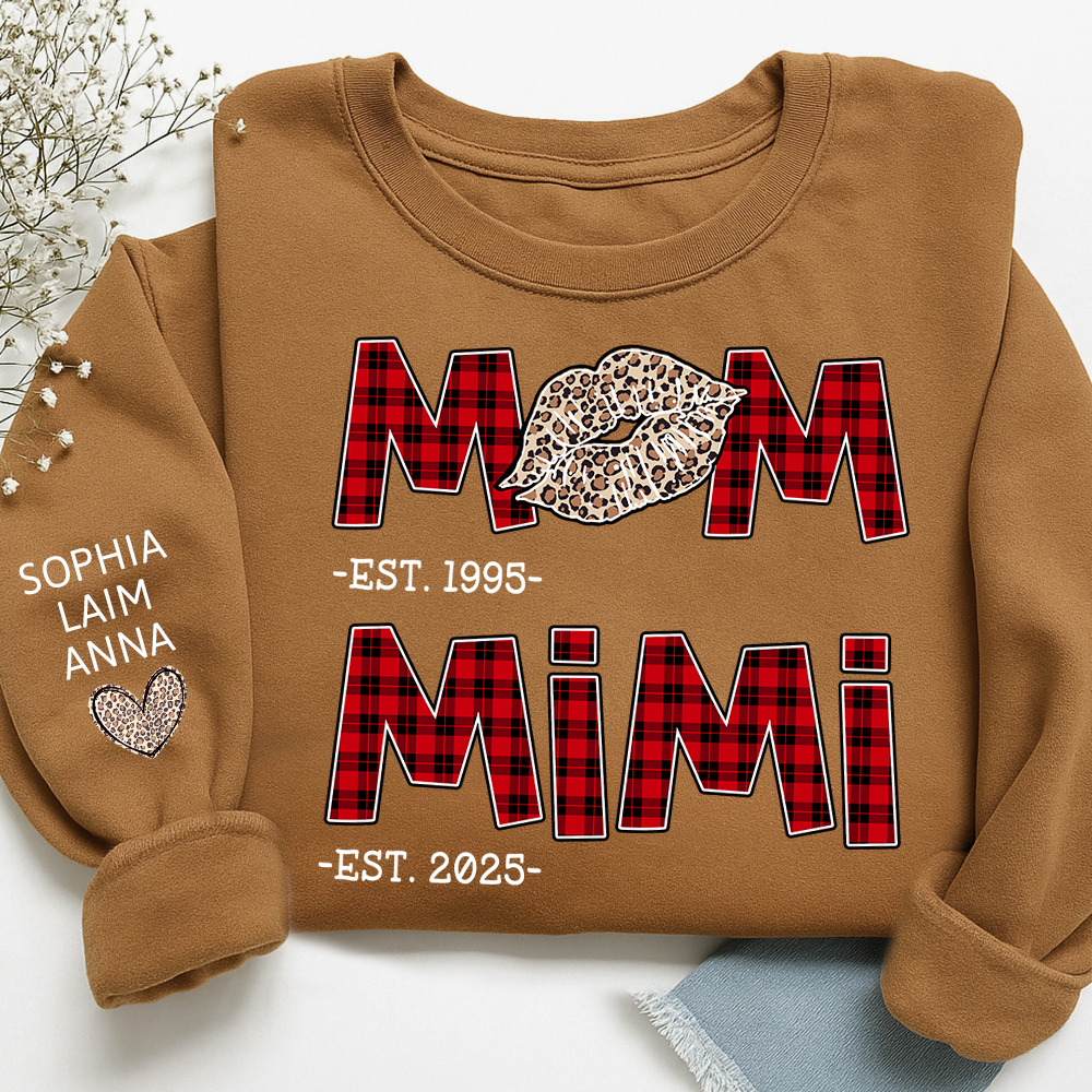 Personalized Mom Mimi Sweatshirt, Custom Leopard Lips Plaid Letters