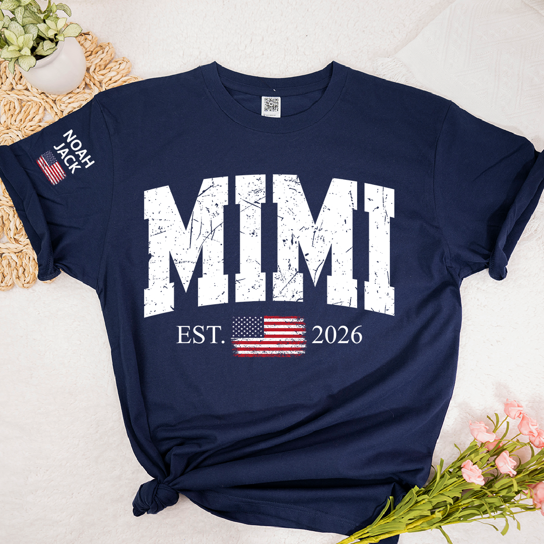 Patriotic Mimi T Shirt, Vintage American Flag Design with Custom Grandkids Names