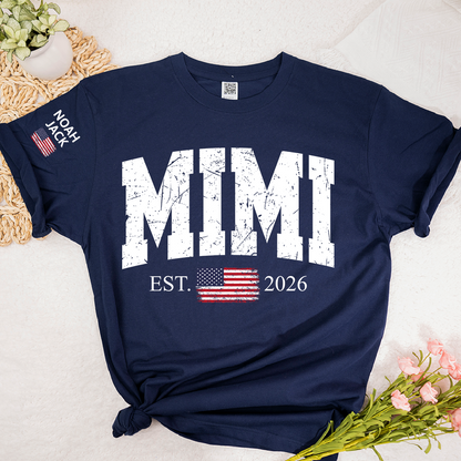 Patriotic Mimi T Shirt, Vintage American Flag Design with Custom Grandkids Names