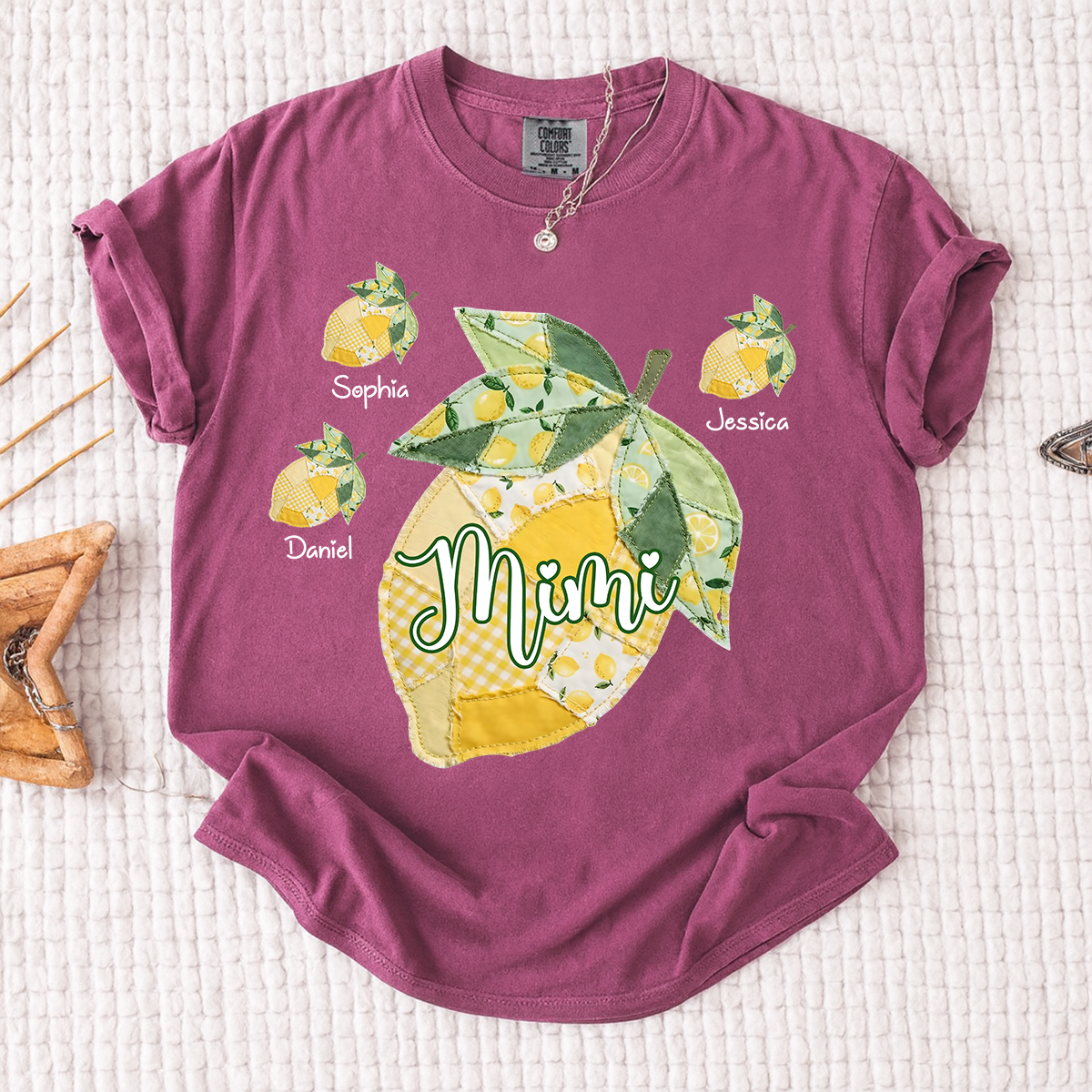 Comfort Colors Personalized Mimi Lemon Shirt with Grandkids Names, Custom Grandma Lemon Patchwork T Shirt for Women, Summer Family Gift