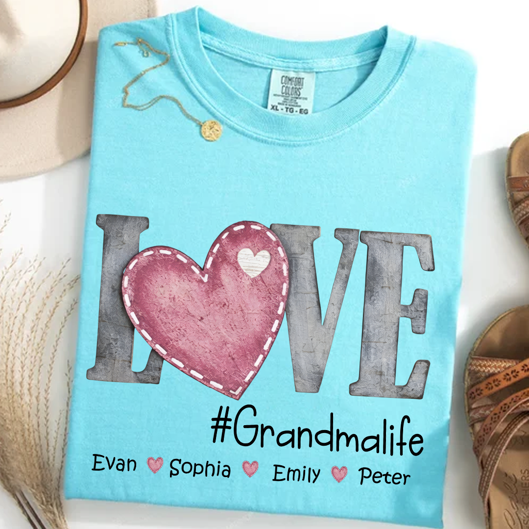 Comfort Colors®'s Personalized Grandma Life T Shirt With Kids Names, Love Heart Graphic Shirt for Nana Mimi Gigi Grandma, Custom Family Name Tee, Soft Casual Everyday Wear