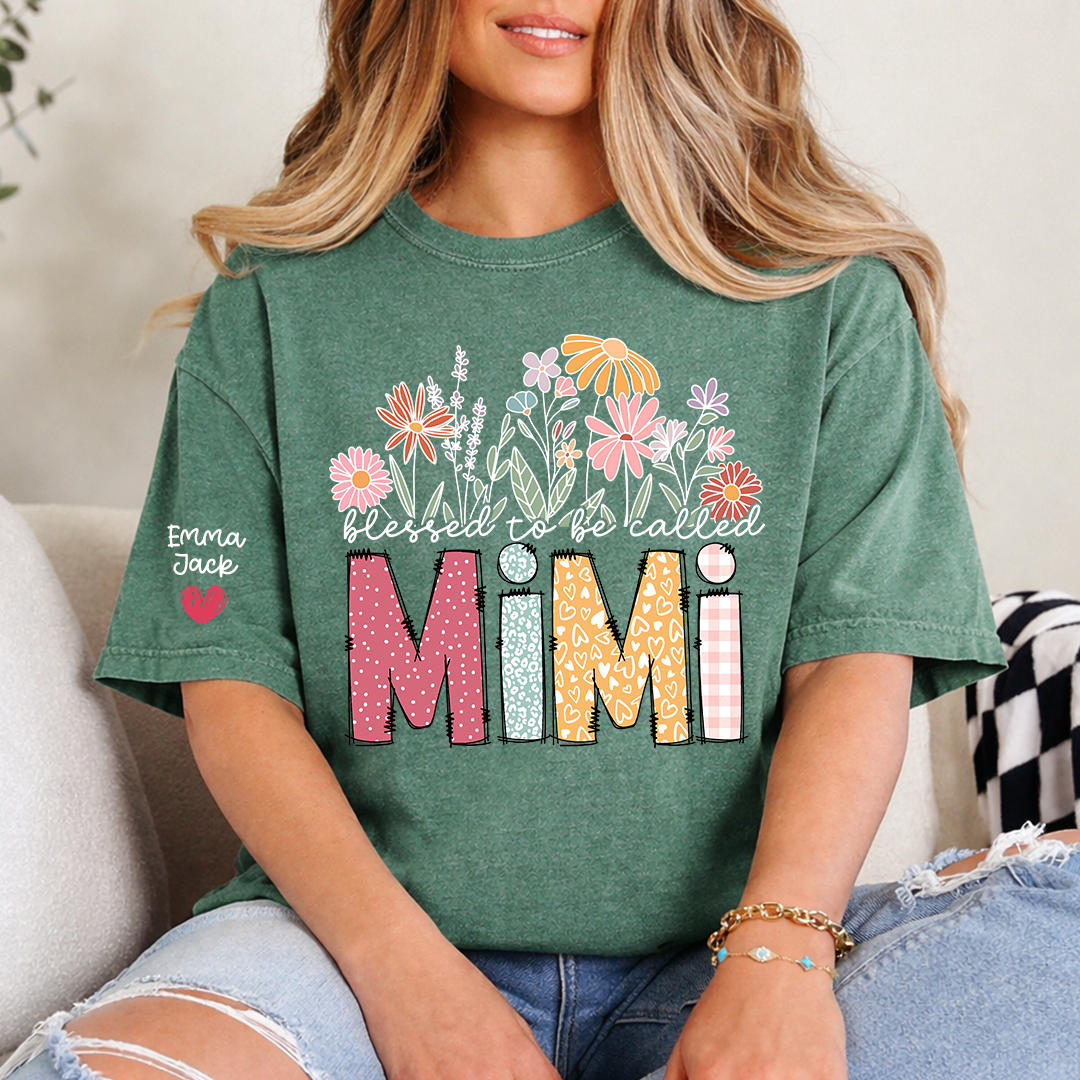 Blessed to Be Called Mimi Shirt Personalized with Grandkids Names, Floral Design