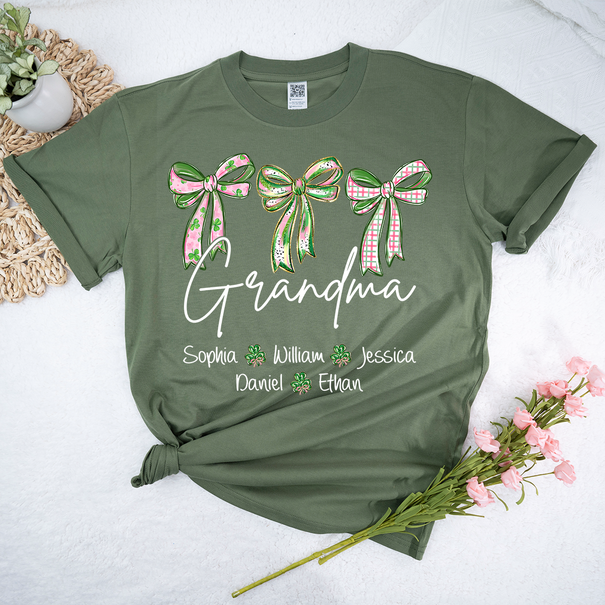 Lucky Grandma Personalized Shirt, Shamrock and Bow St Patrick Day Theme, Custom Names Family Shirt for Grandma