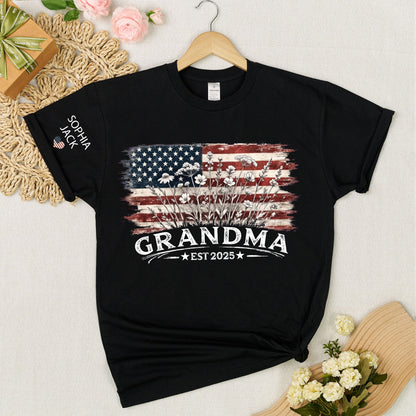 Personalized Grandma Est 2025 Shirt, Custom Nana Mimi Gigi Grandma Tee With Kids Names On Sleeve, Patriotic Floral American Flag Shirt Family Grandkids Gift U.S. 250th Anniversary Apparel