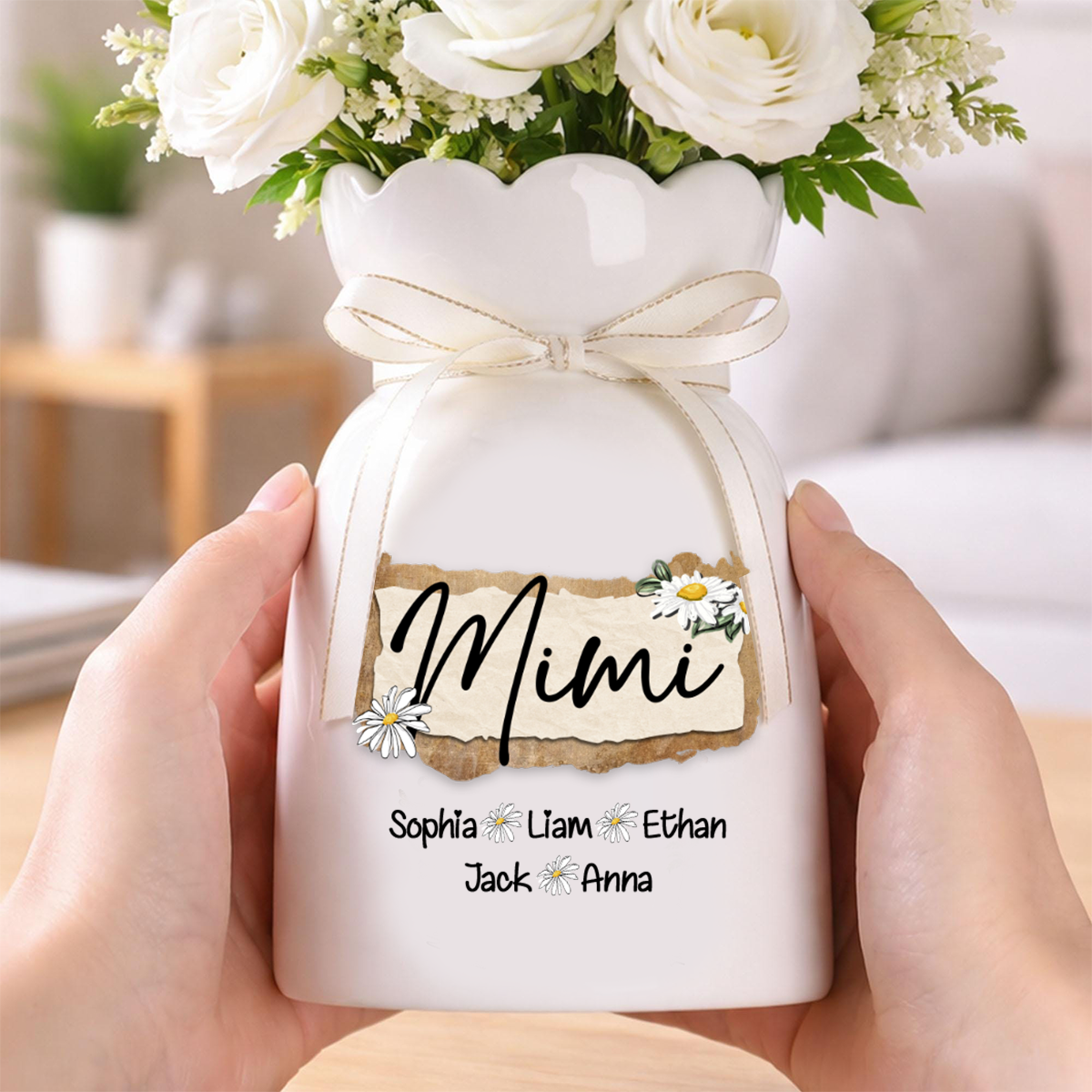 Personalized Mimi Flower Vase with Grandkids' Names, Custom Ceramic Vase, Perfect Gift for Mimi