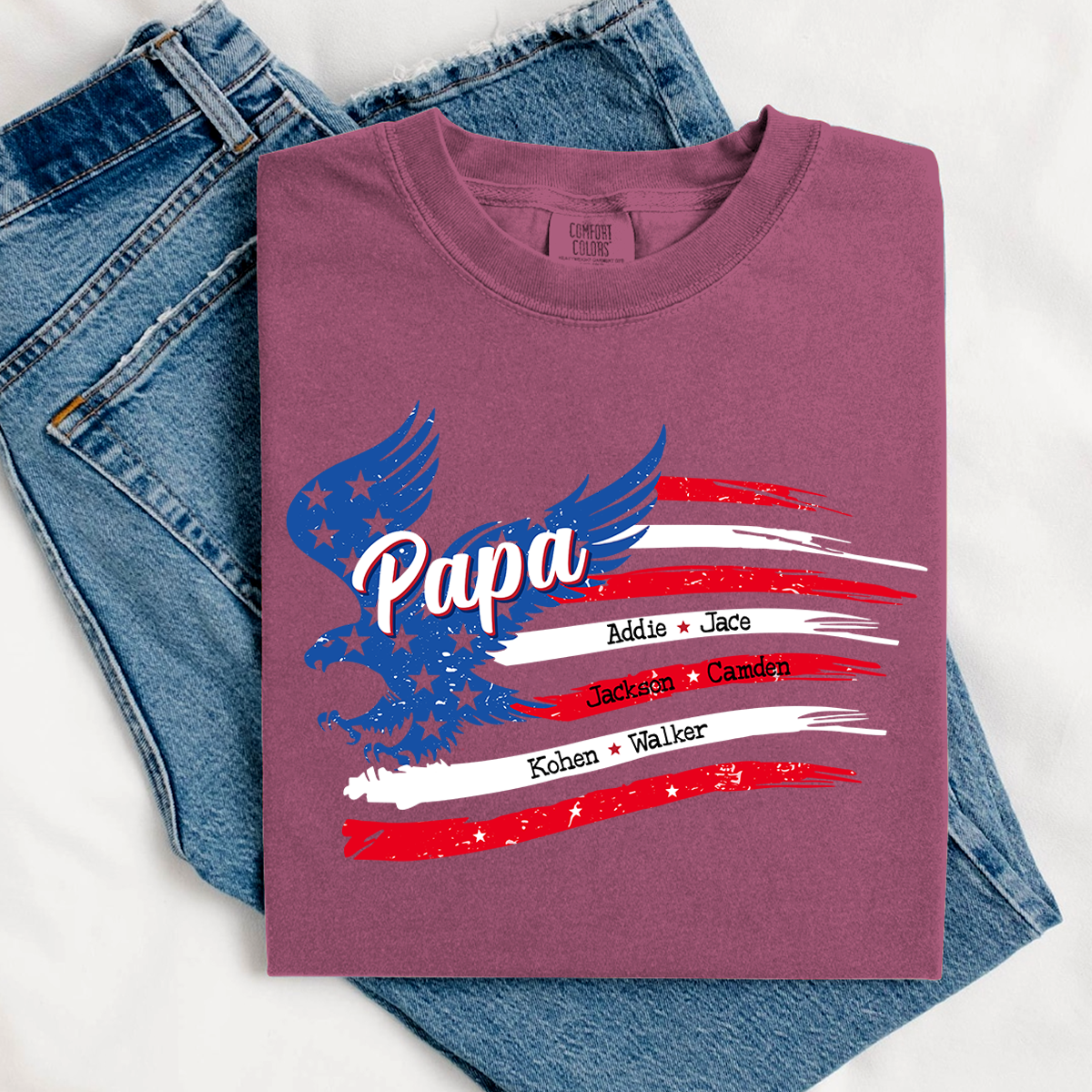 Comfort Colors® Personalized Papa Shirt, Eagle with Grandkids name Hands Flag T-Shirt, Custom Shirt for Fathers Day