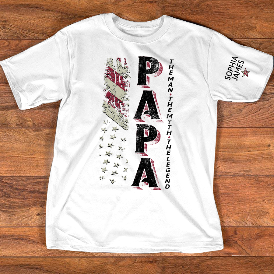 Personalized PAPA The Man, The Myth, The Legend T Shirt, Custom Family Names with American Flag Design, Perfect Gift for Father’s Day