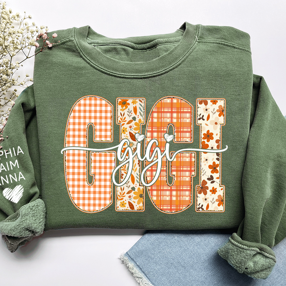 Personalized Gigi Crewneck for Grandma – Fall Colors with Kids' Names on Sleeve