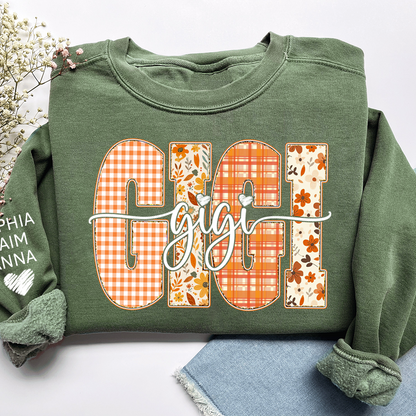 Personalized Gigi Crewneck for Grandma – Fall Colors with Kids' Names on Sleeve