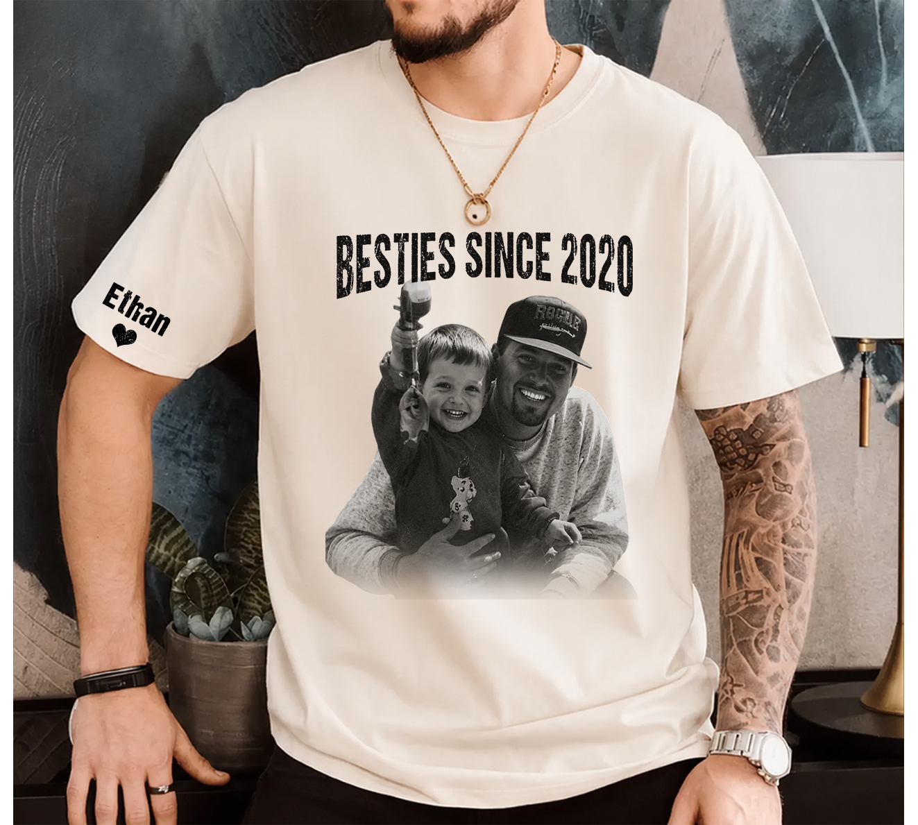 Personalized Besties Since Shirt with Custom Photo and Name on Sleeve Gift for Father’s Day