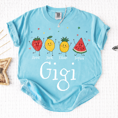 Comfort Colors® Personalized Gigi Shirt with Grandkids Names, Cute Fruit Family Grandma Tee, Custom Gigi Gift from Grandchildren, Summer Family Shirt