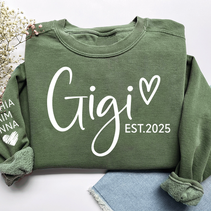 Personalized Gigi Est Heart Sweater, Gift for Grandma and Kids, Unique Gift for Grandma and Family