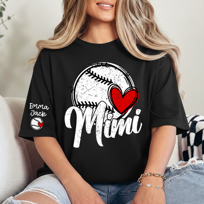 Personalized Mimi Baseball Shirt, Heart and Bat Design with Custom Names