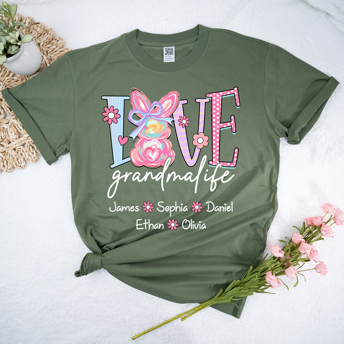 Grandma Life Shirt Love Design, Personalized Bunny Floral Grandma Tee