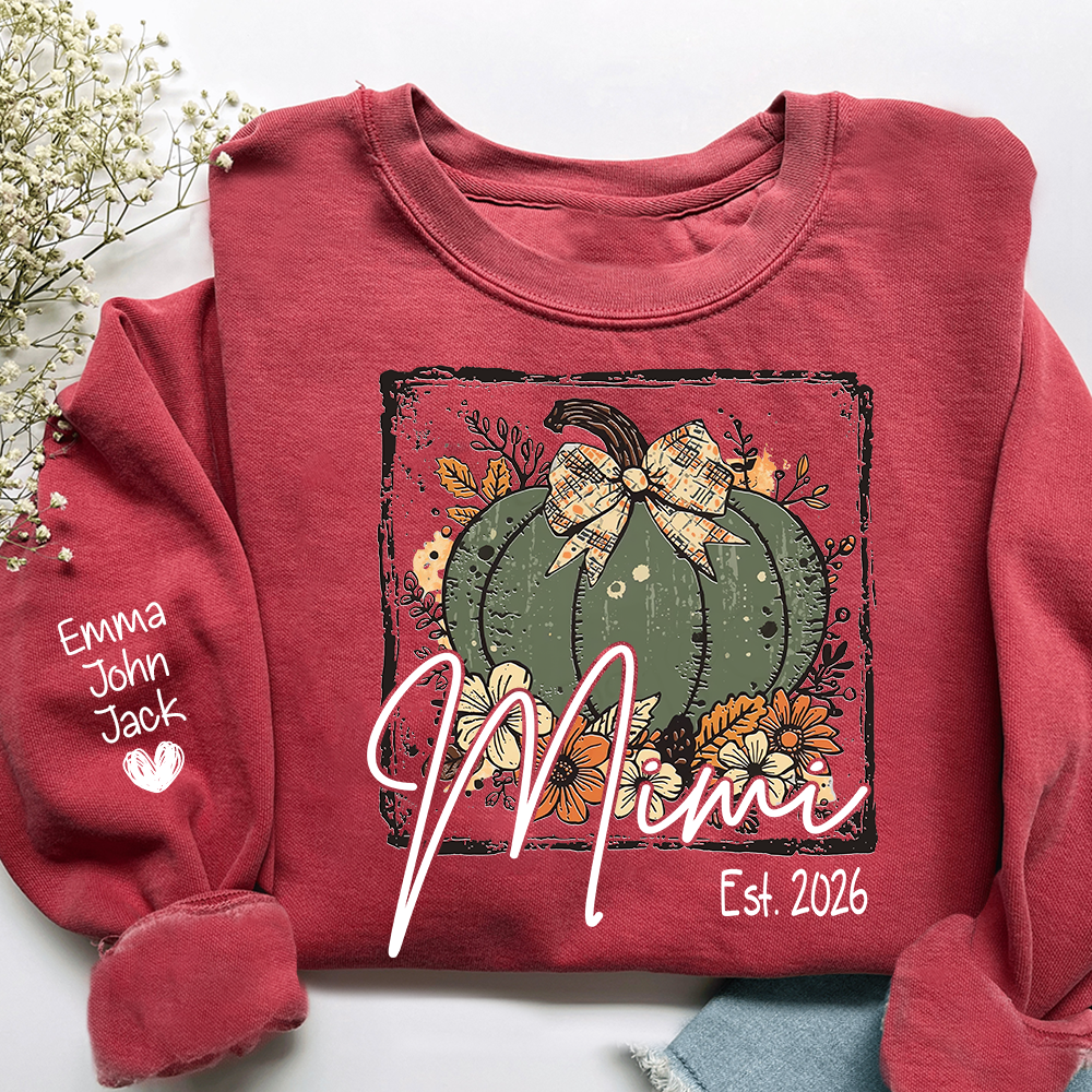 Mimi Pumpkin Shirt for Women, Floral Fall Bow Design Tee, Personalized Grandma T Shirt, Cozy Autumn Gift Idea
