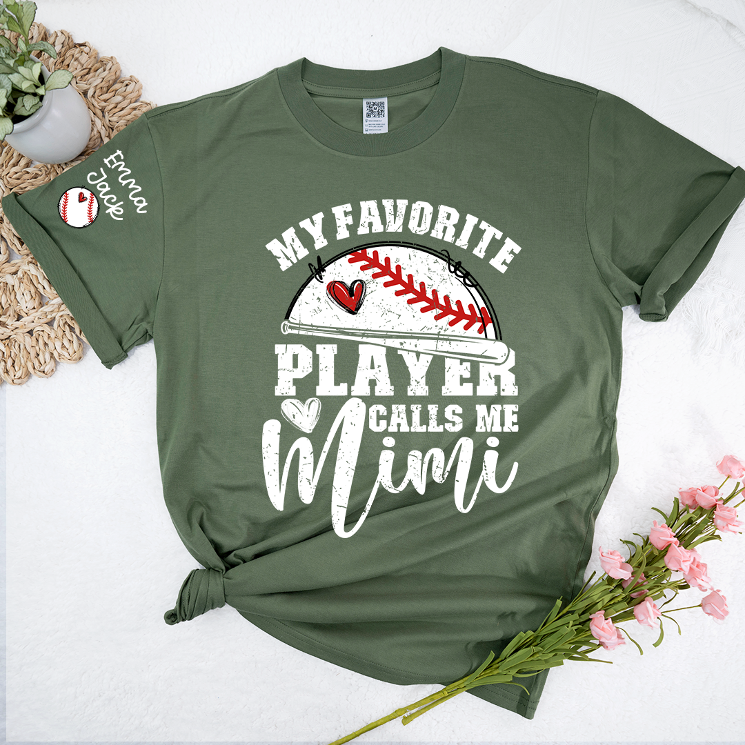 My Favorite Player Calls Me Mimi Shirt, Personalized Baseball T Shirt with Grandkids Names