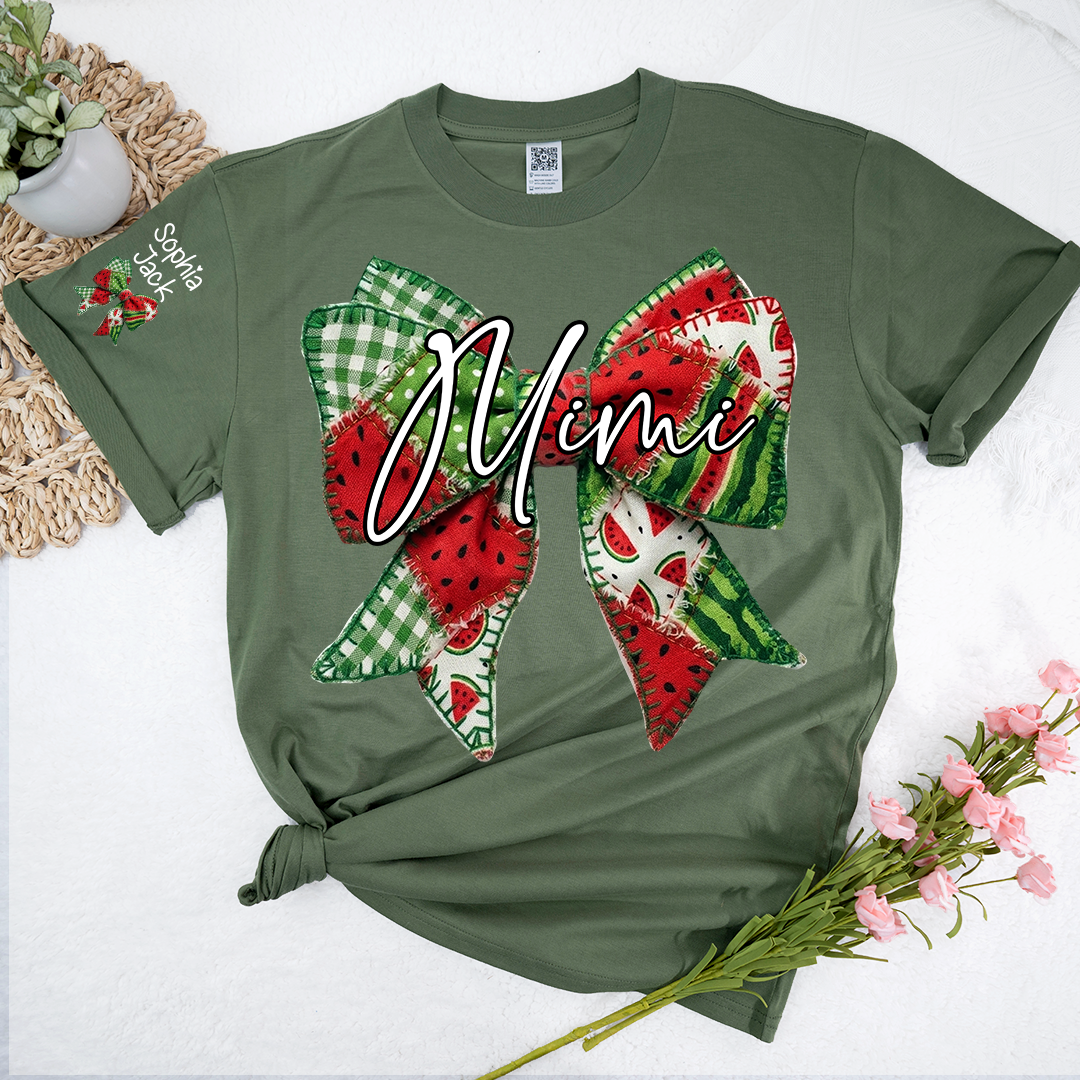 Mimi Watermelon Bow T-Shirt Personalized Grandma Shirt Summer Family Names Tee