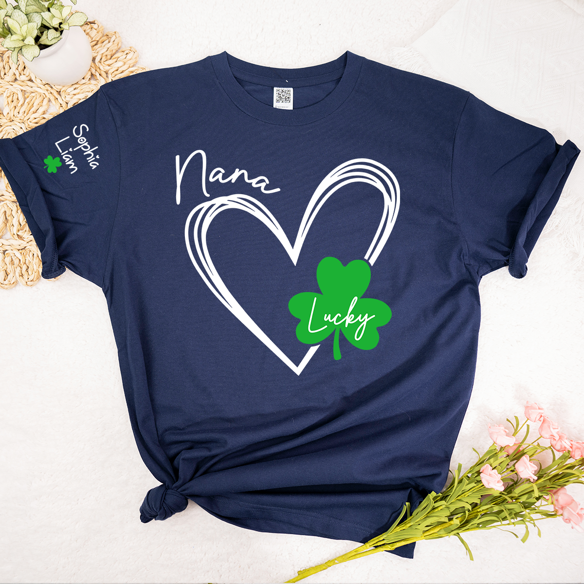 Nana Lucky Shamrock Heart T Shirt Personalized with Kids Names, Custom Grandma Shirt for St Patrick’s Day Celebration, Family Matching Green Clover Top